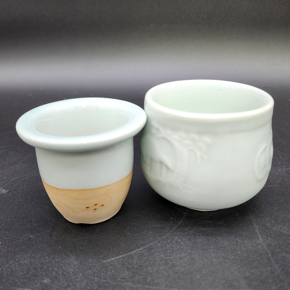 Vintage Asian Small Green Porcelain Tea Cup Infuser Crane Relief‎ Zen